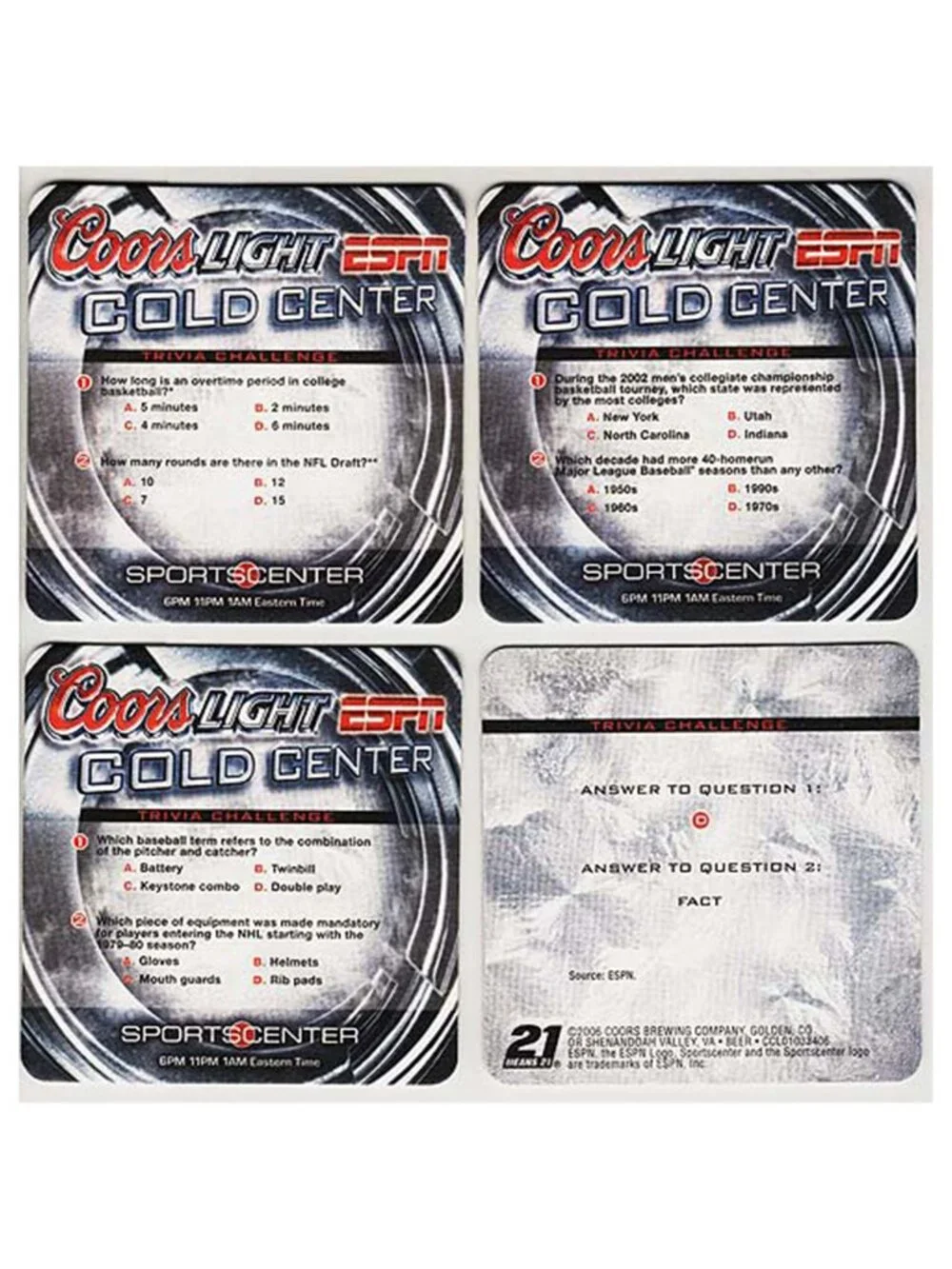 Set of 50 Coors Light ESPN Trivia Coasters - 2006 - Sports Questions